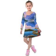 Romantic Lake Sunset Kids  Long Sleeve Velvet Dress by GardenOfOphir