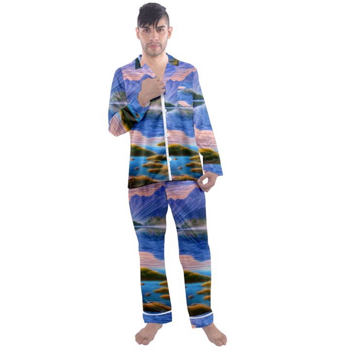 Romantic Lake Sunset Men s Long Sleeve Satin Pajamas Set