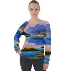 Romantic Lake Sunset Off Shoulder Long Sleeve Velour Top by GardenOfOphir