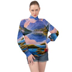 Romantic Lake Sunset High Neck Long Sleeve Chiffon Top by GardenOfOphir