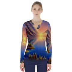 Remarkable Lake Sunset V-neck Long Sleeve Top by GardenOfOphir