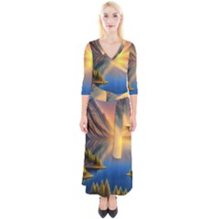 Remarkable Lake Sunset Quarter Sleeve Wrap Maxi Dress by GardenOfOphir