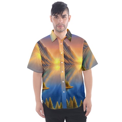 Remarkable Lake Sunset Men s Short Sleeve Shirt by GardenOfOphir