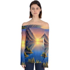 Remarkable Lake Sunset Off Shoulder Long Sleeve Top by GardenOfOphir