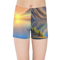 Remarkable Lake Sunset Kids  Sports Shorts by GardenOfOphir