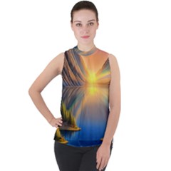 Remarkable Lake Sunset Mock Neck Chiffon Sleeveless Top by GardenOfOphir