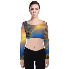 Remarkable Lake Sunset Velvet Long Sleeve Crop Top by GardenOfOphir