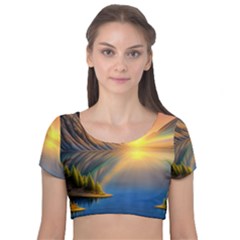 Remarkable Lake Sunset Velvet Short Sleeve Crop Top  by GardenOfOphir