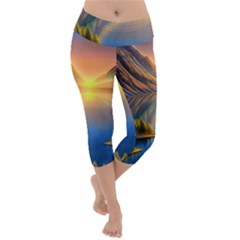 Remarkable Lake Sunset Lightweight Velour Capri Yoga Leggings by GardenOfOphir