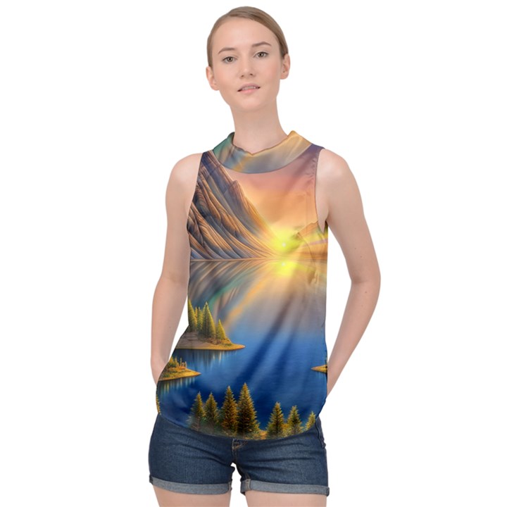 Remarkable Lake Sunset High Neck Satin Top