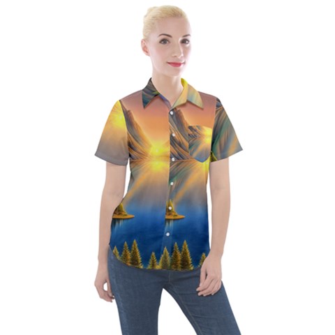 Remarkable Lake Sunset Women s Short Sleeve Pocket Shirt by GardenOfOphir