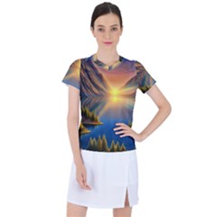 Remarkable Lake Sunset Women s Sports Top by GardenOfOphir