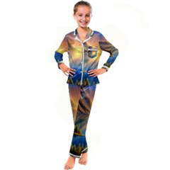 Remarkable Lake Sunset Kid s Satin Long Sleeve Pajamas Set by GardenOfOphir