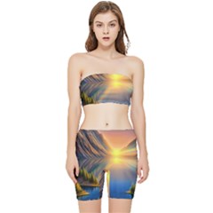 Remarkable Lake Sunset Stretch Shorts And Tube Top Set by GardenOfOphir