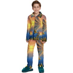 Remarkable Lake Sunset Kids  Long Sleeve Velvet Pajamas Set by GardenOfOphir