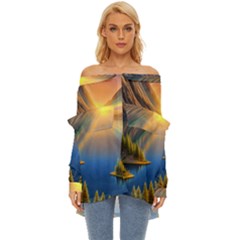 Remarkable Lake Sunset Off Shoulder Chiffon Pocket Shirt