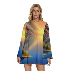 Remarkable Lake Sunset Round Neck Long Sleeve Bohemian Style Chiffon Mini Dress by GardenOfOphir