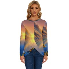 Remarkable Lake Sunset Long Sleeve Crew Neck Pullover Top by GardenOfOphir