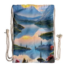 Somber Lake Sunset Drawstring Bag (large) by GardenOfOphir