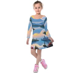 Somber Lake Sunset Kids  Long Sleeve Velvet Dress by GardenOfOphir