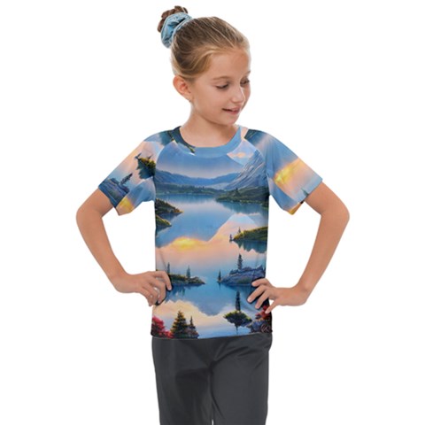 Somber Lake Sunset Kids  Mesh Piece Tee by GardenOfOphir