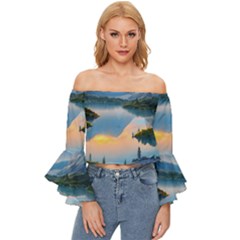 Somber Lake Sunset Off Shoulder Flutter Bell Sleeve Top by GardenOfOphir