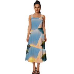 Somber Lake Sunset Square Neckline Tiered Midi Dress by GardenOfOphir