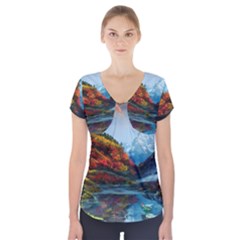 Breathtaking Landscape Scene Short Sleeve Front Detail Top by GardenOfOphir