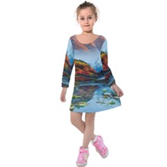 Breathtaking Landscape Scene Kids  Long Sleeve Velvet Dress by GardenOfOphir