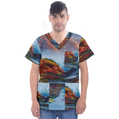 Breathtaking Landscape Scene Men s V-neck Scrub Top by GardenOfOphir