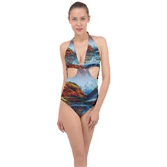 Breathtaking Landscape Scene Halter Front Plunge Swimsuit by GardenOfOphir