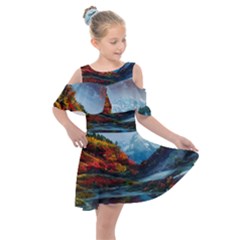 Breathtaking Landscape Scene Kids  Shoulder Cutout Chiffon Dress by GardenOfOphir