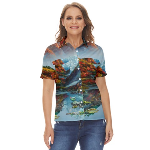 Breathtaking Landscape Scene Women s Short Sleeve Double Pocket Shirt by GardenOfOphir