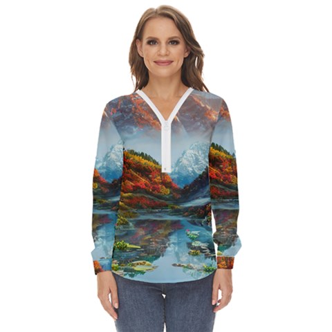 Breathtaking Landscape Scene Zip Up Long Sleeve Blouse by GardenOfOphir