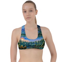 Stunning Sunset By The Lake Criss Cross Racerback Sports Bra by GardenOfOphir