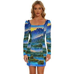 Stunning Sunset By The Lake Long Sleeve Square Neck Bodycon Velvet Dress