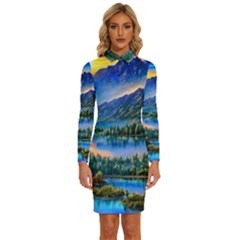 Stunning Sunset By The Lake Long Sleeve Shirt Collar Bodycon Dress