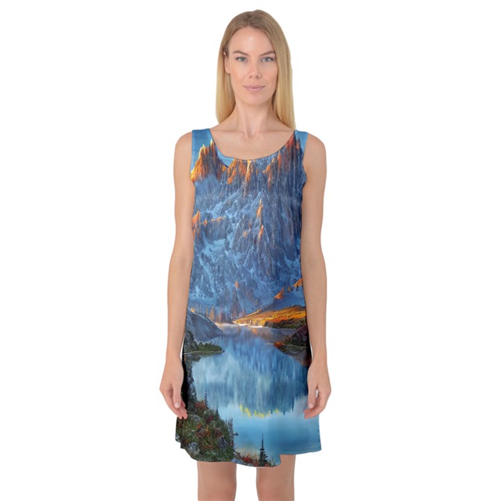 Majestic Lake Landscape Sleeveless Satin Nightdress