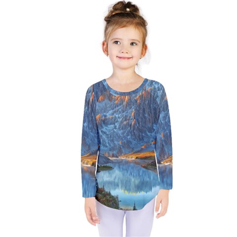 Majestic Lake Landscape Kids  Long Sleeve Tee by GardenOfOphir