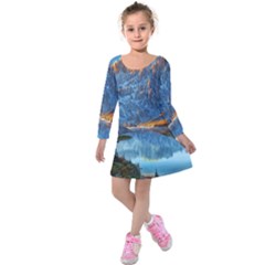 Majestic Lake Landscape Kids  Long Sleeve Velvet Dress by GardenOfOphir