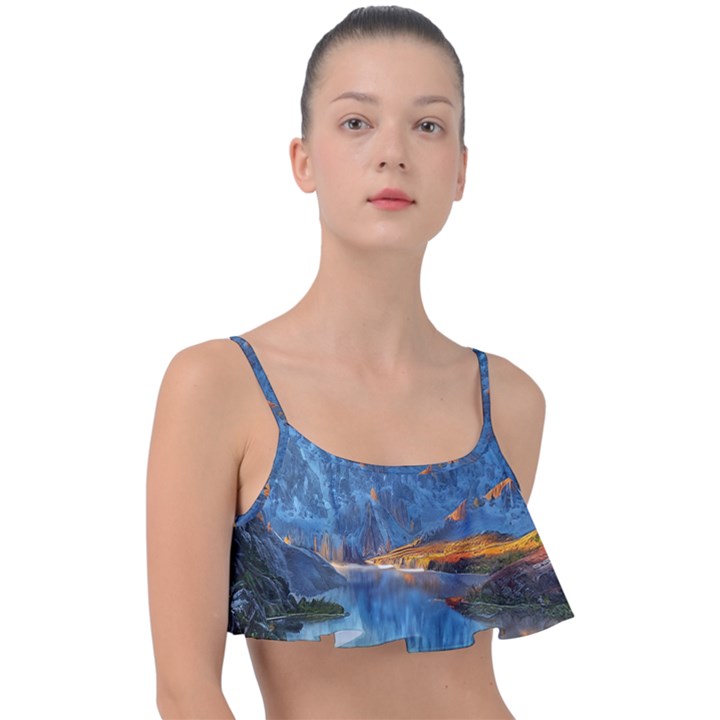 Majestic Lake Landscape Frill Bikini Top