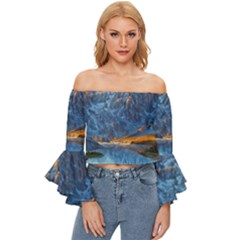 Majestic Lake Landscape Off Shoulder Flutter Bell Sleeve Top by GardenOfOphir