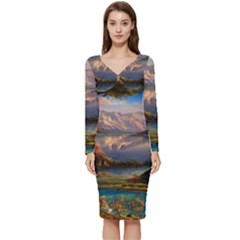 Summer Sunset Long Sleeve V-neck Bodycon Dress  by GardenOfOphir