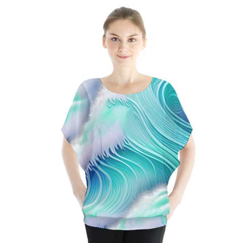 Stunning Pastel Blue Ocean Waves Batwing Chiffon Blouse by GardenOfOphir