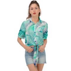 Stunning Pastel Blue Ocean Waves Tie Front Shirt  by GardenOfOphir