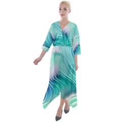 Stunning Pastel Blue Ocean Waves Quarter Sleeve Wrap Front Maxi Dress by GardenOfOphir