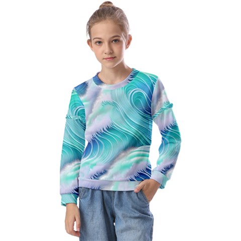 Stunning Pastel Blue Ocean Waves Kids  Long Sleeve Tee With Frill  by GardenOfOphir