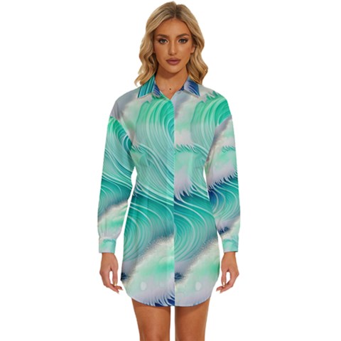 Stunning Pastel Blue Ocean Waves Womens Long Sleeve Shirt Dress by GardenOfOphir