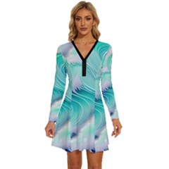 Stunning Pastel Blue Ocean Waves Long Sleeve Deep V Mini Dress 