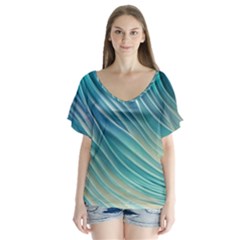 Pastel Ocean Waves V-neck Flutter Sleeve Top by GardenOfOphir